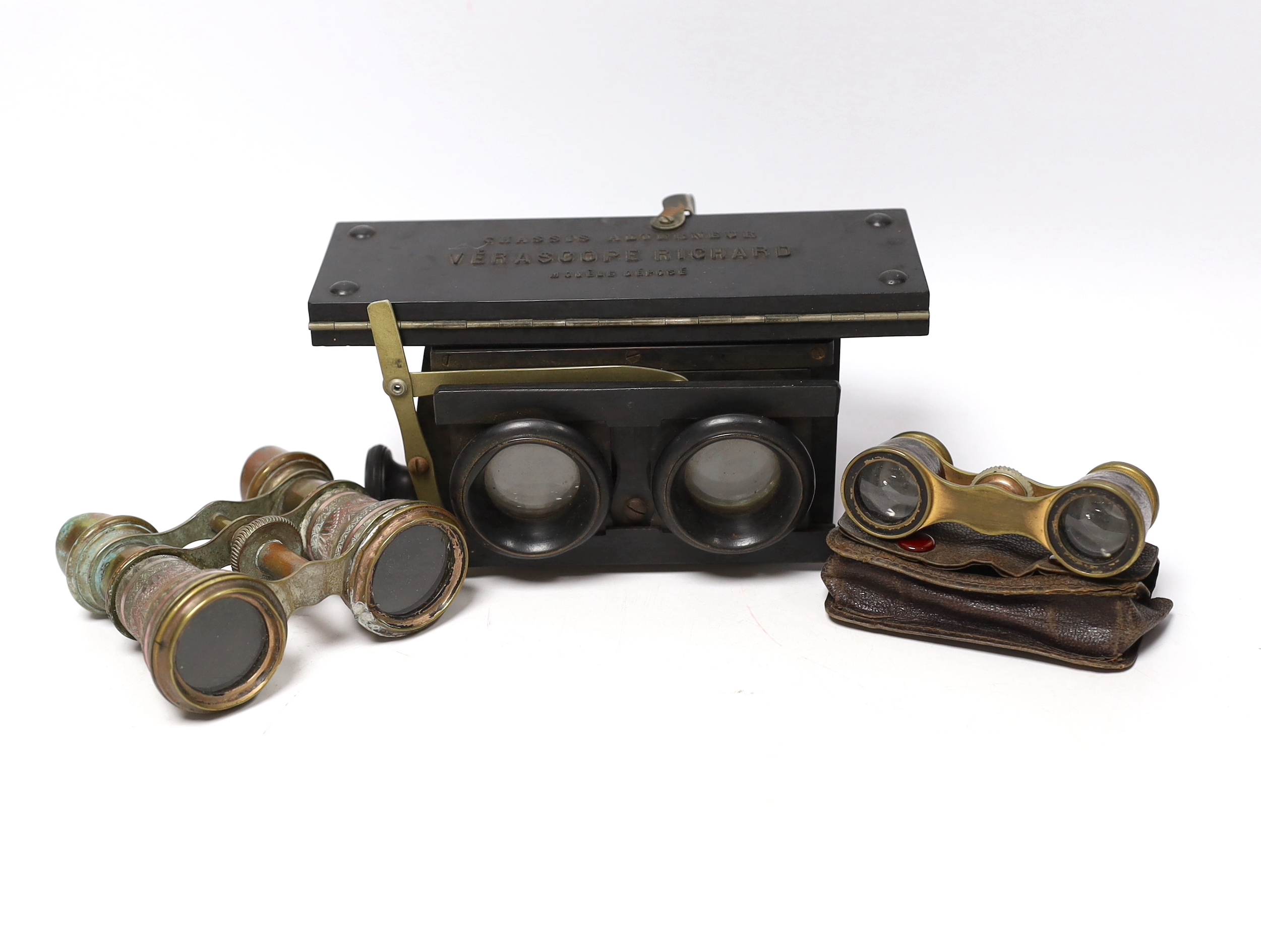 A Stereoscope viewer, a Verascope holder and two pairs of opera glasses